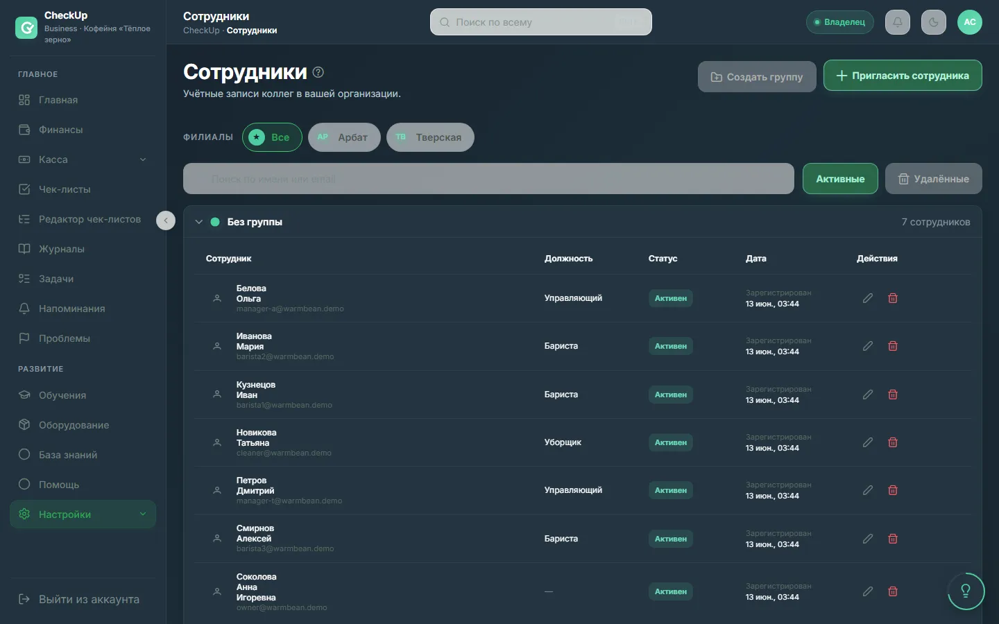 Список сотрудников со статусами приглашений
