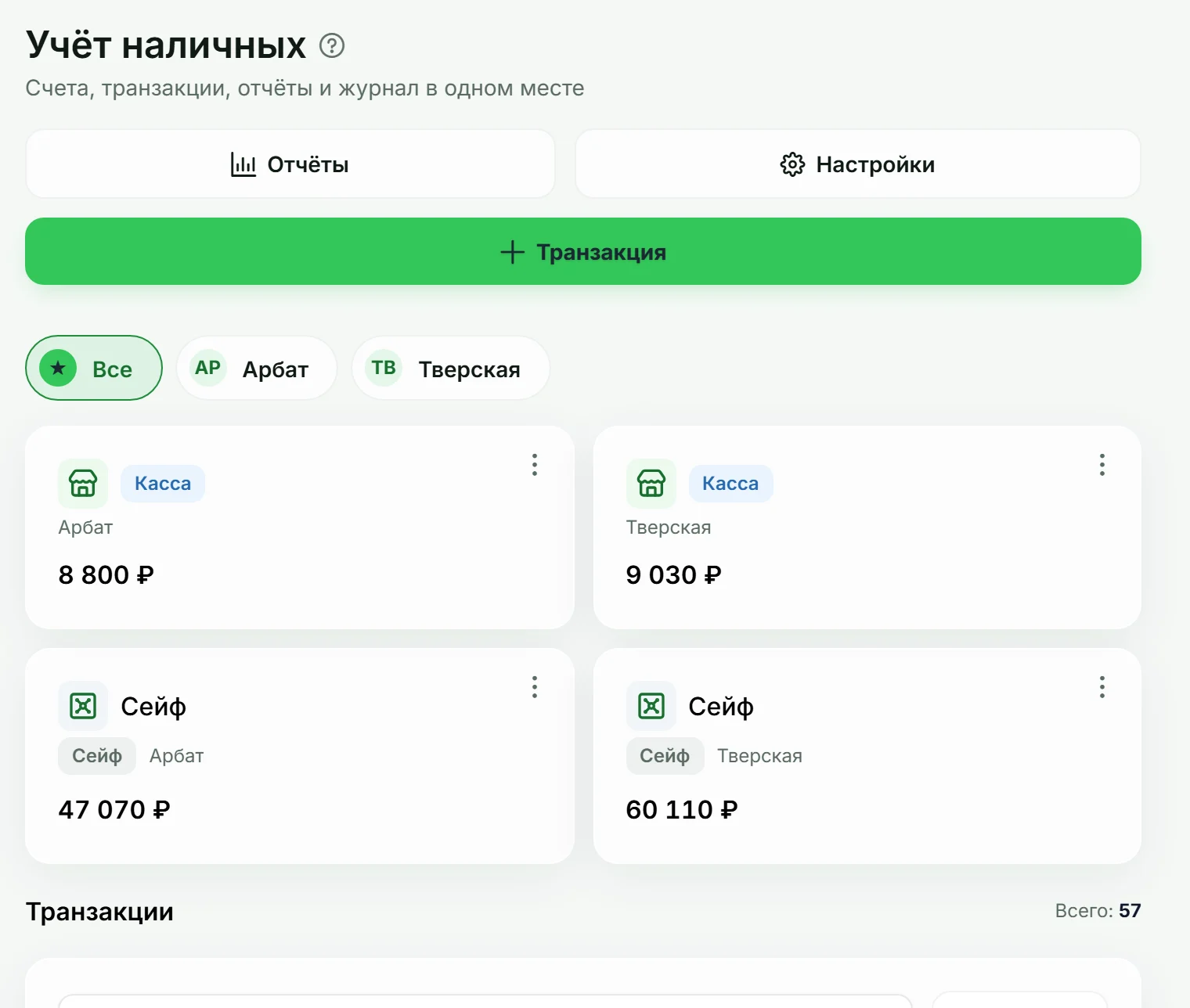 Учёт наличных: остатки в кассах и сейфах каждой точки
